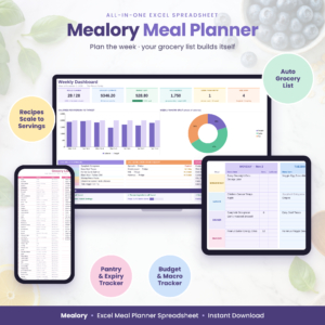 Mealory meal planner spreadsheet for Excel shown on laptop, tablet and phone