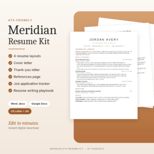 Meridian ATS Resume Template Kit | Word & Google Docs Resume, Cover Letter, References + Job Tracker