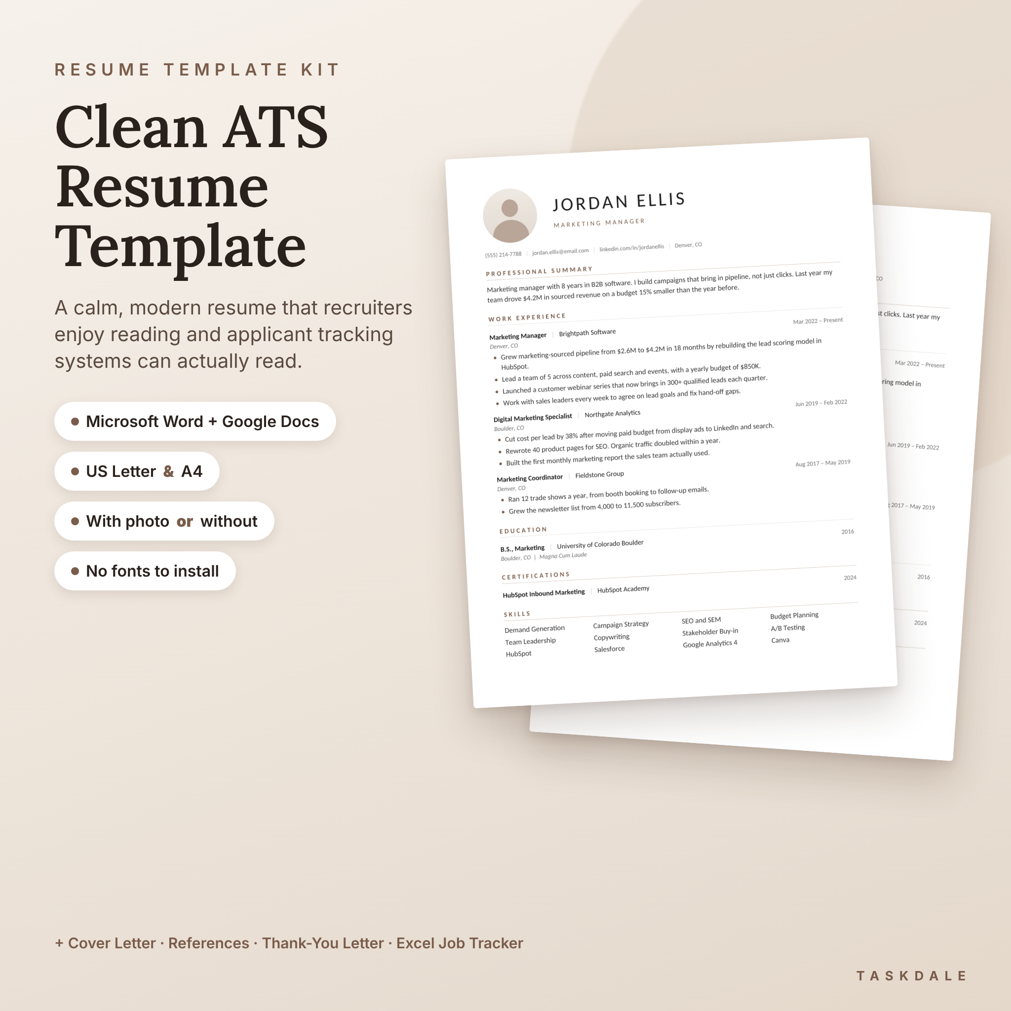 Meridian ATS resume template kit with photo and no photo versions