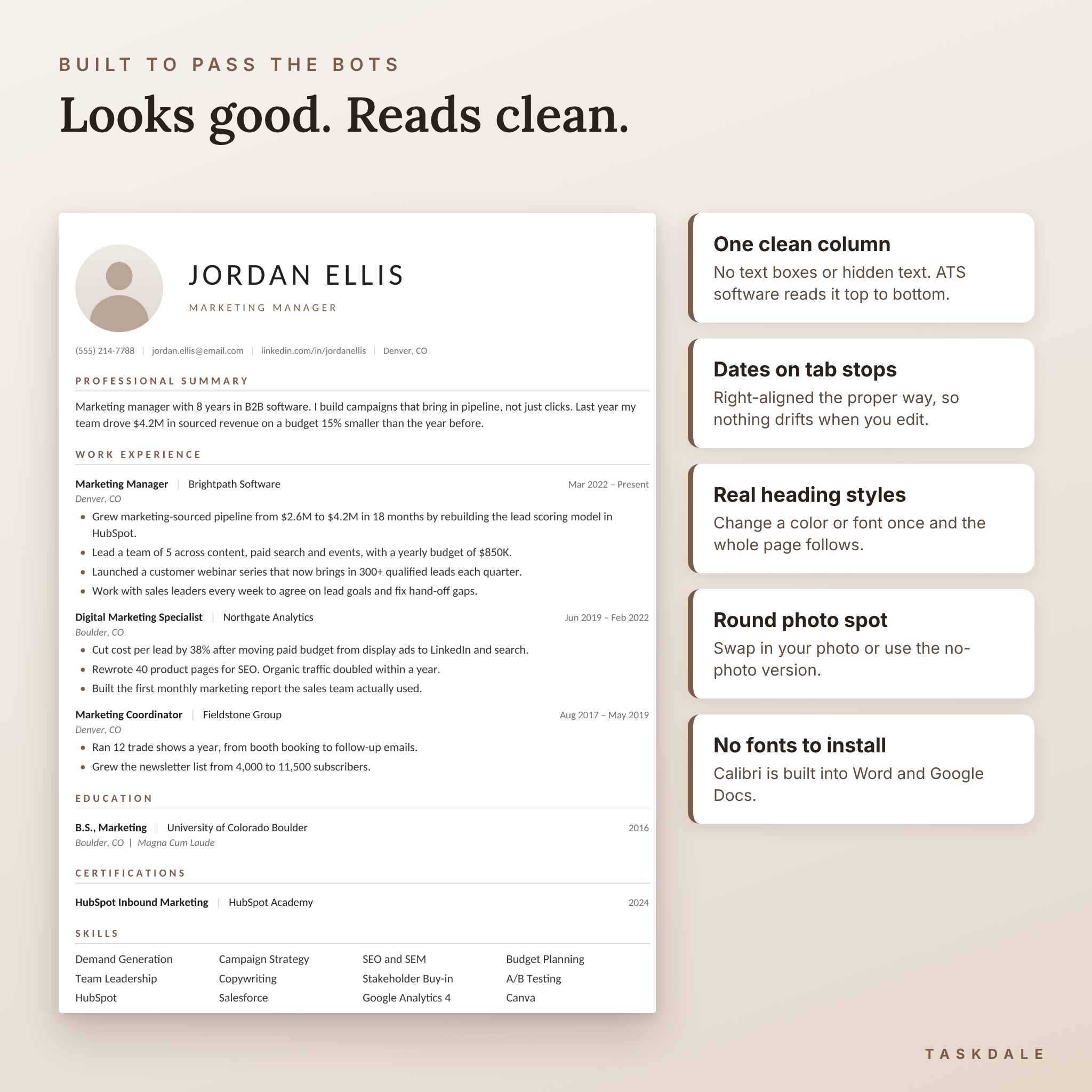 ATS friendly resume template features close up