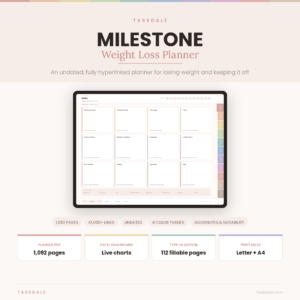 Milestone digital weight loss planner for GoodNotes shown on an iPad, 1092 undated hyperlinked pages