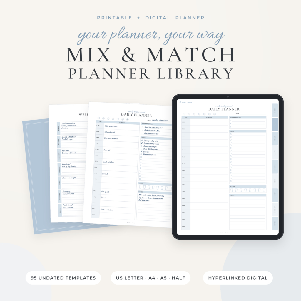 Mix & Match Planner Library printable and digital planner bundle with tablet and printed pages