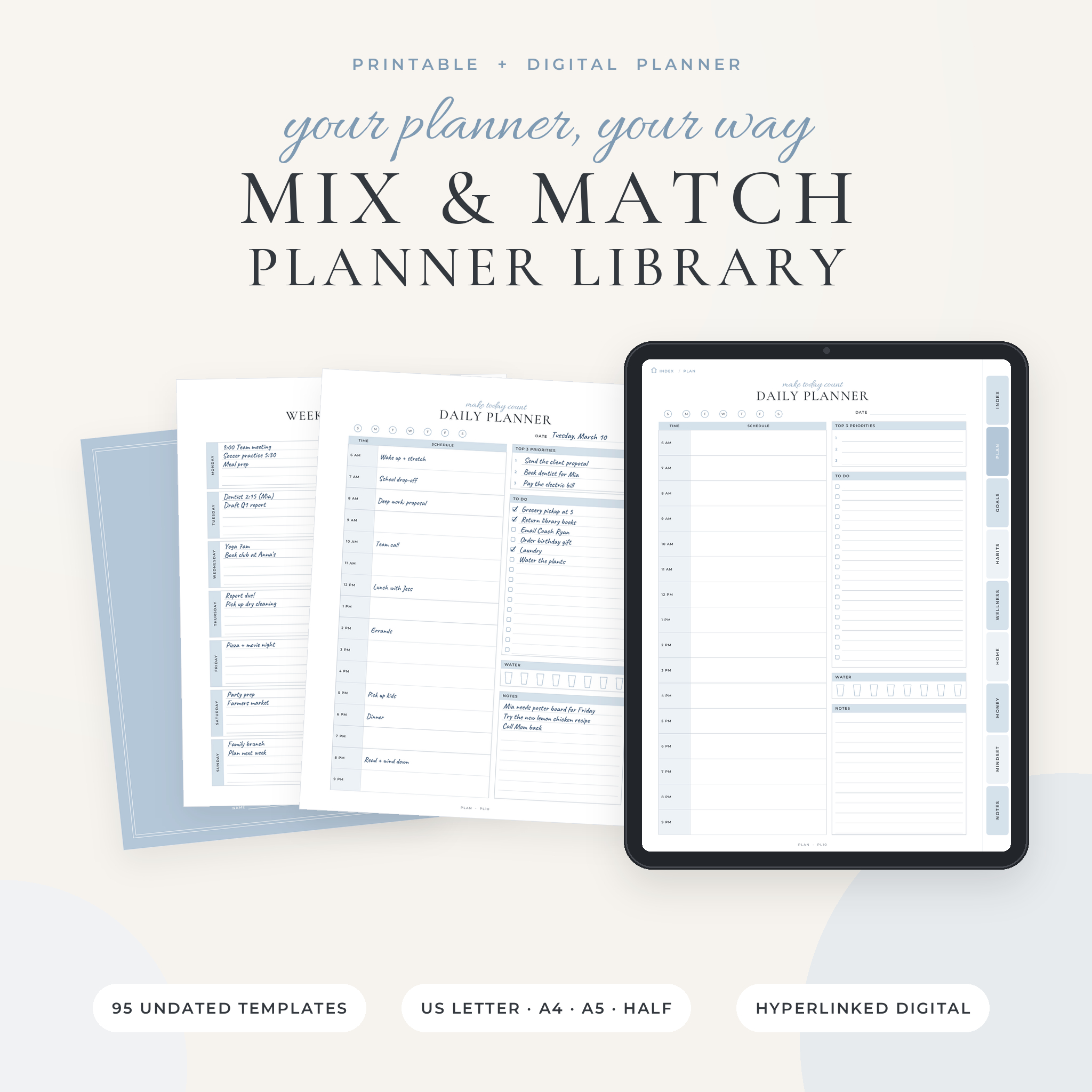 Mix & Match Planner Library printable and digital planner bundle with tablet and printed pages