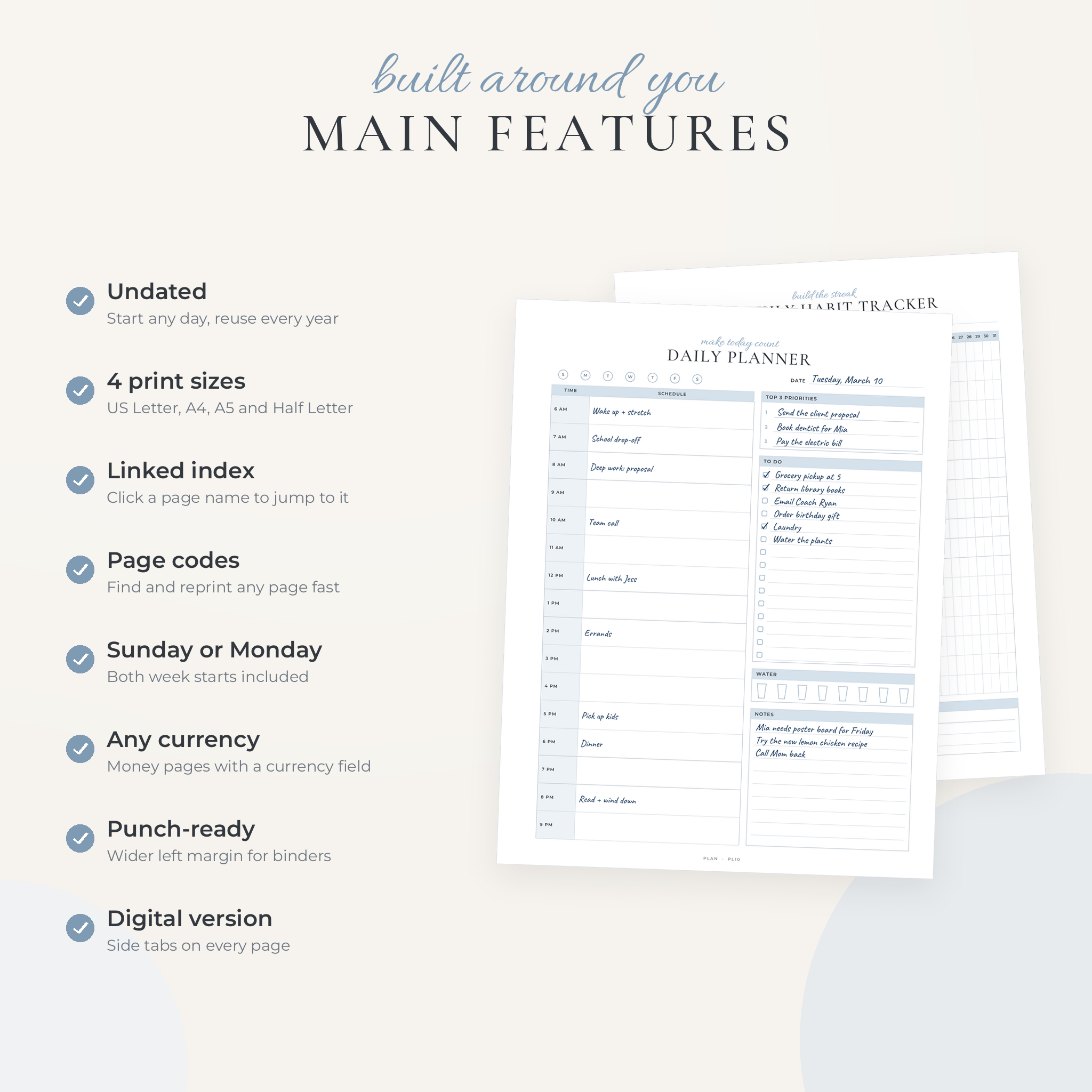 Main features of the undated printable planner bundle