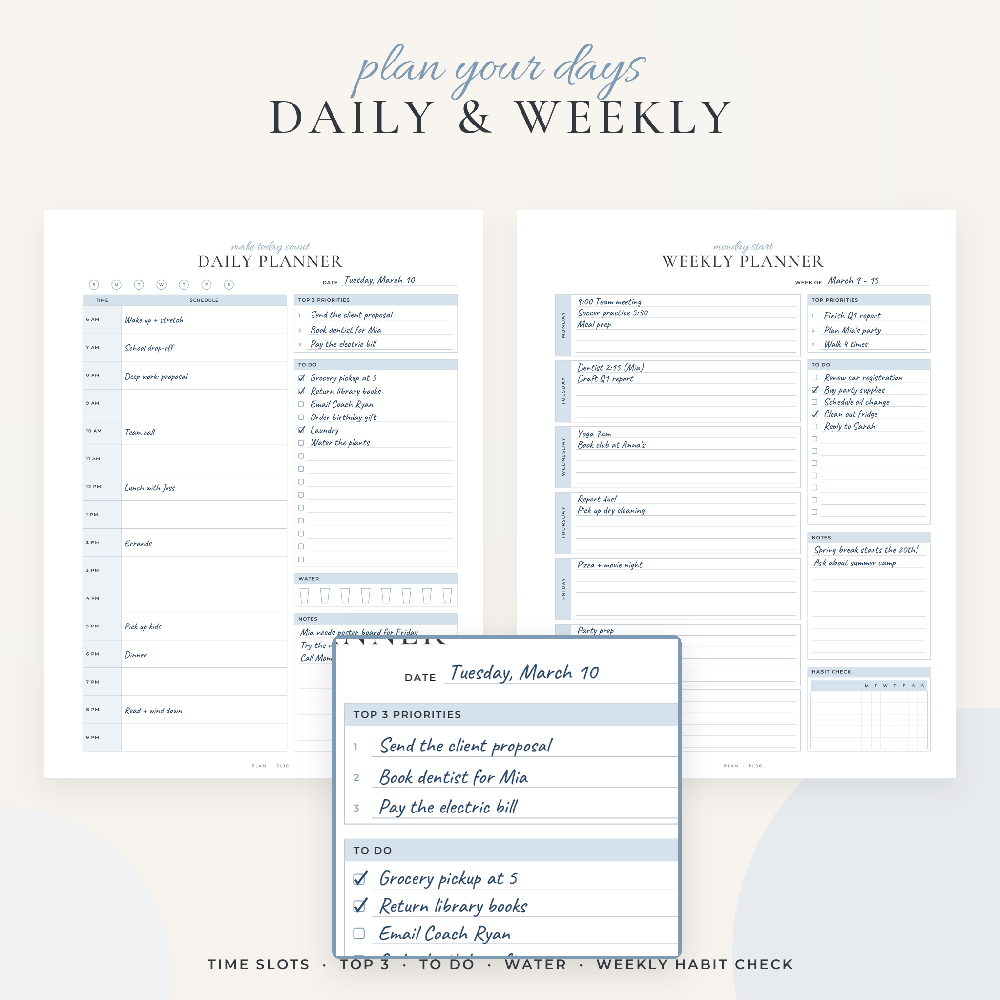 Daily planner and weekly planner pages filled with sample entries