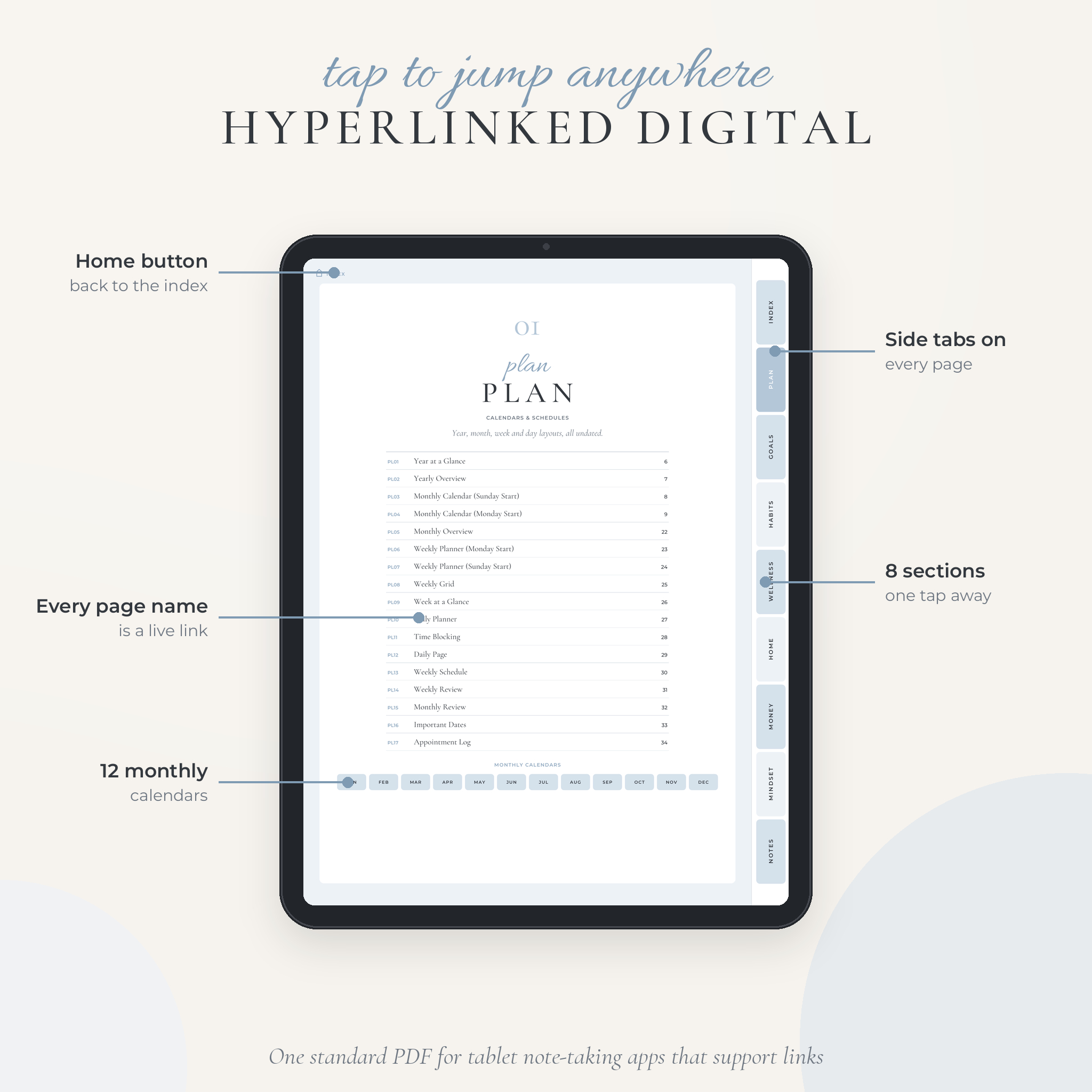 Hyperlinked digital planner with side tabs and linked index on a tablet
