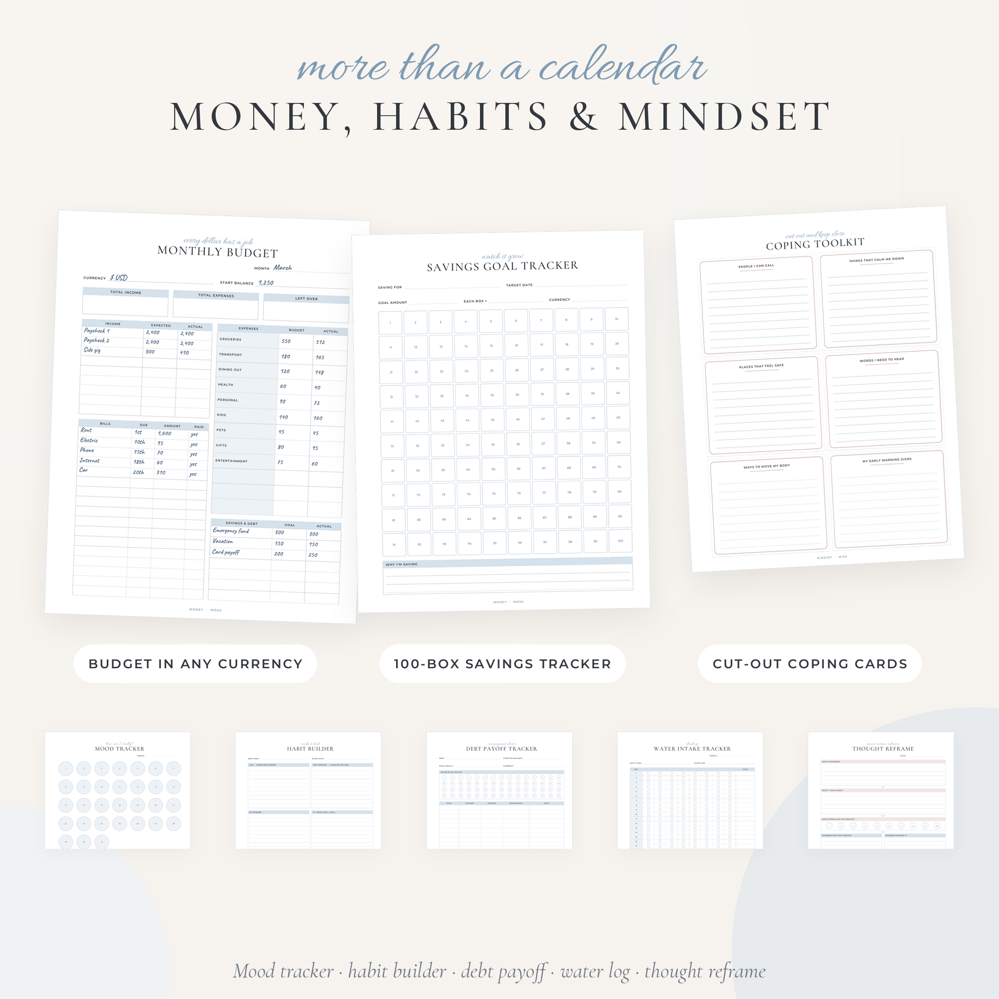 Monthly budget, savings goal tracker and coping cards pages