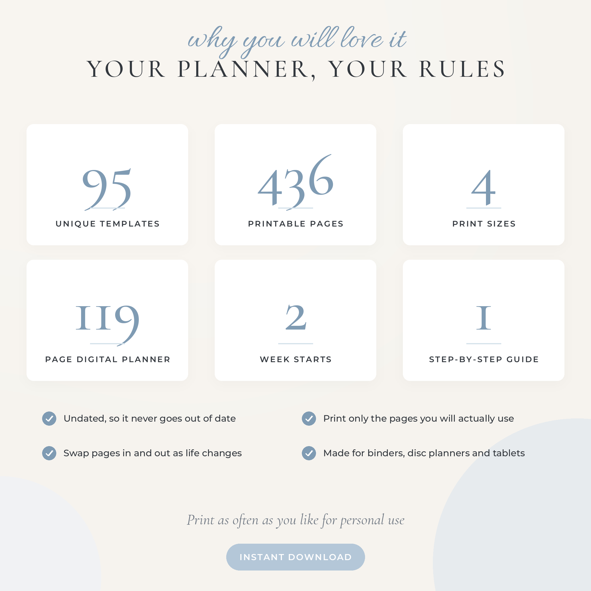 Planner bundle value: 95 templates, 436 printable pages, 4 sizes