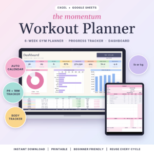 Momentum Workout Planner spreadsheet for Excel and Google Sheets shown on a laptop and tablet with dashboard and weekly planner