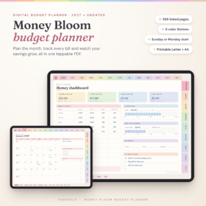 Money Bloom digital budget planner on an iPad showing the money dashboard and January calendar