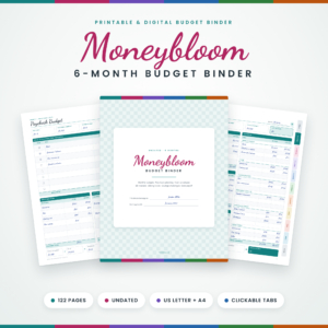 Moneybloom 6-Month Budget Binder printable budget planner cover with monthly budget and paycheck pages