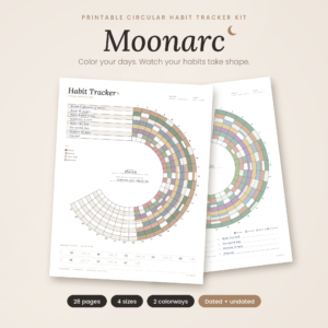 Moonarc circular habit tracker printable kit with filled arc and habit wheel pages