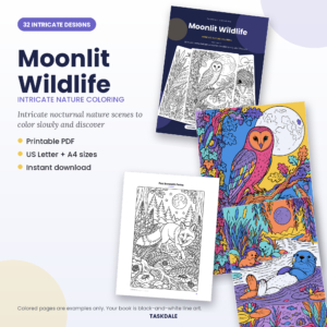 Moonlit Wildlife printable intricate coloring book with 32 detailed designs