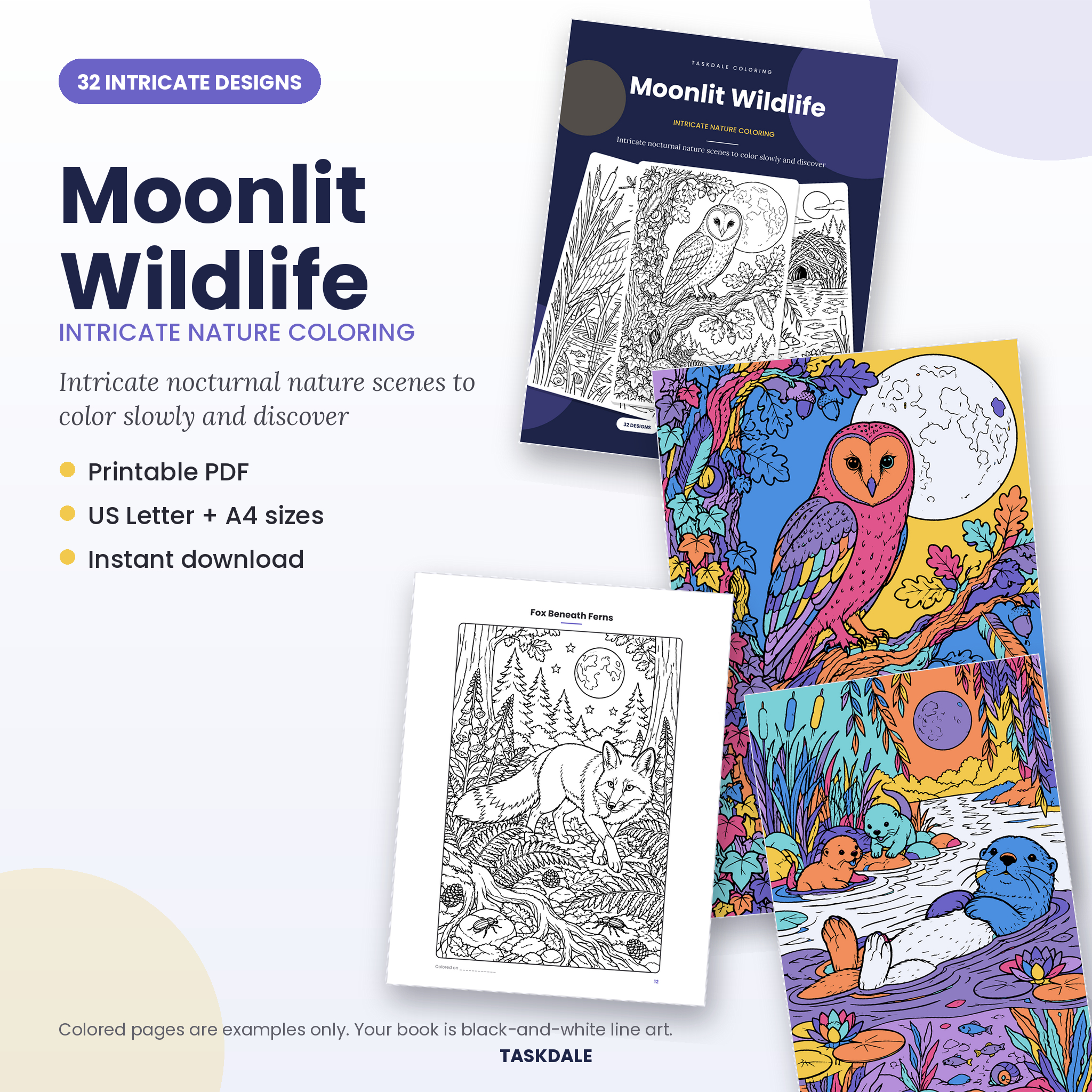 Moonlit Wildlife printable intricate coloring book with 32 detailed designs