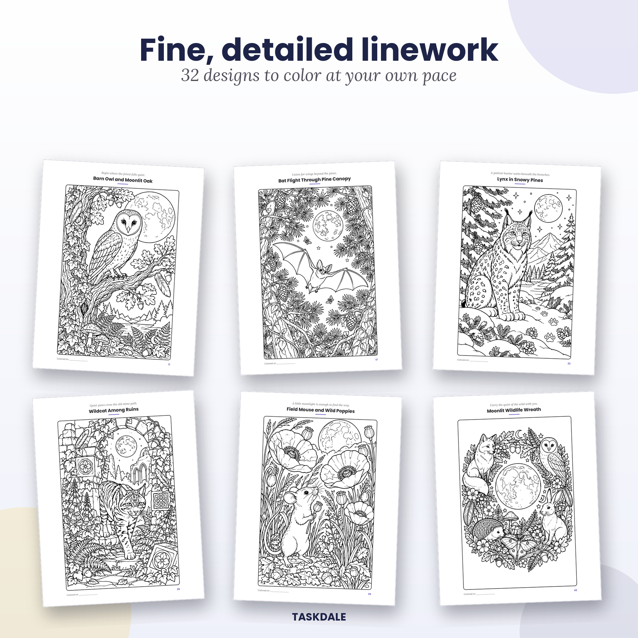 Moonlit Wildlife coloring book sample designs with fine linework