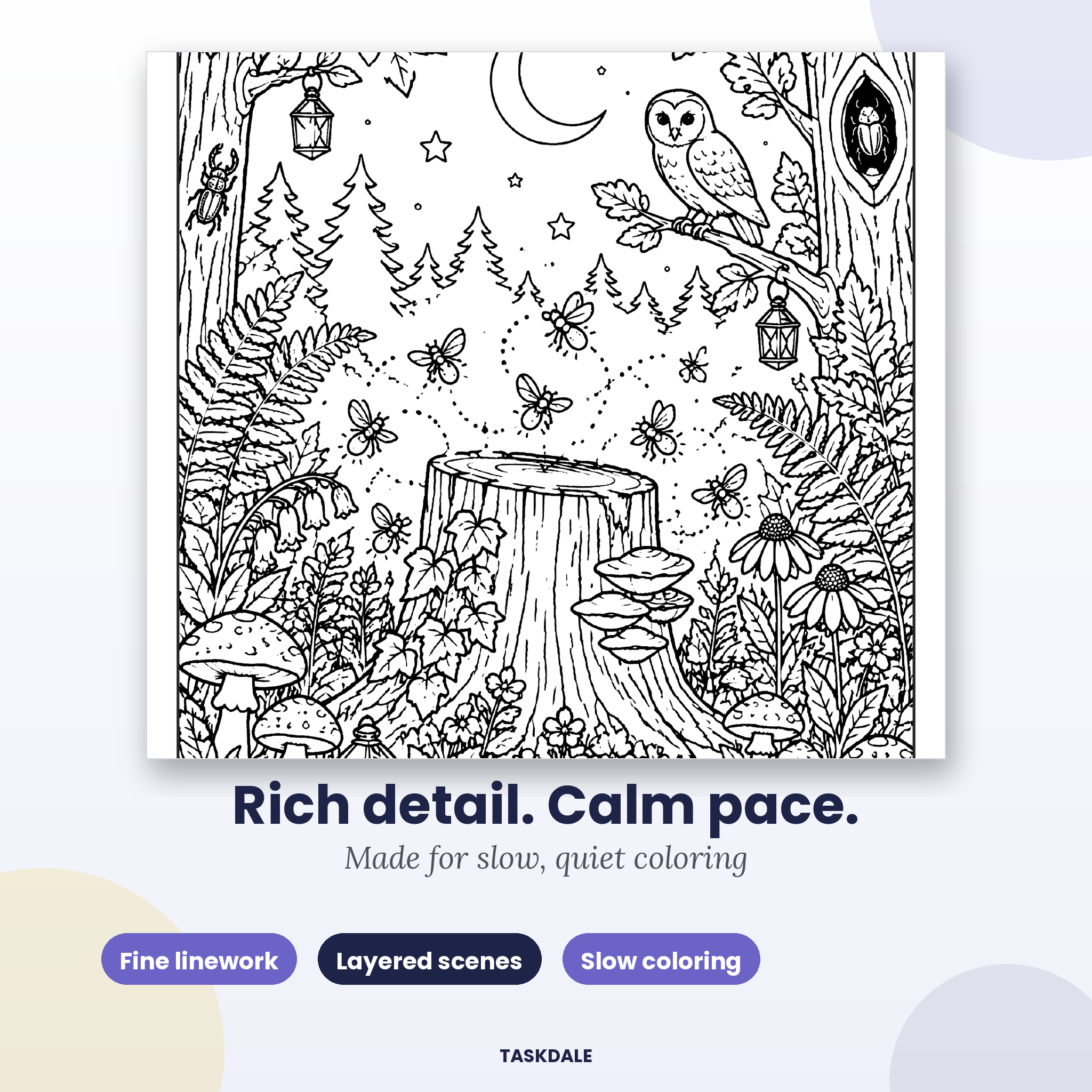 Moonlit Wildlife coloring book features: color test page and palette planner