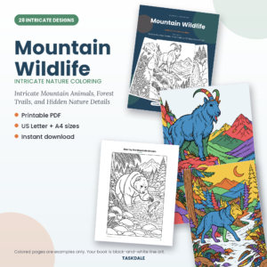 Mountain Wildlife printable intricate coloring book with 28 detailed designs