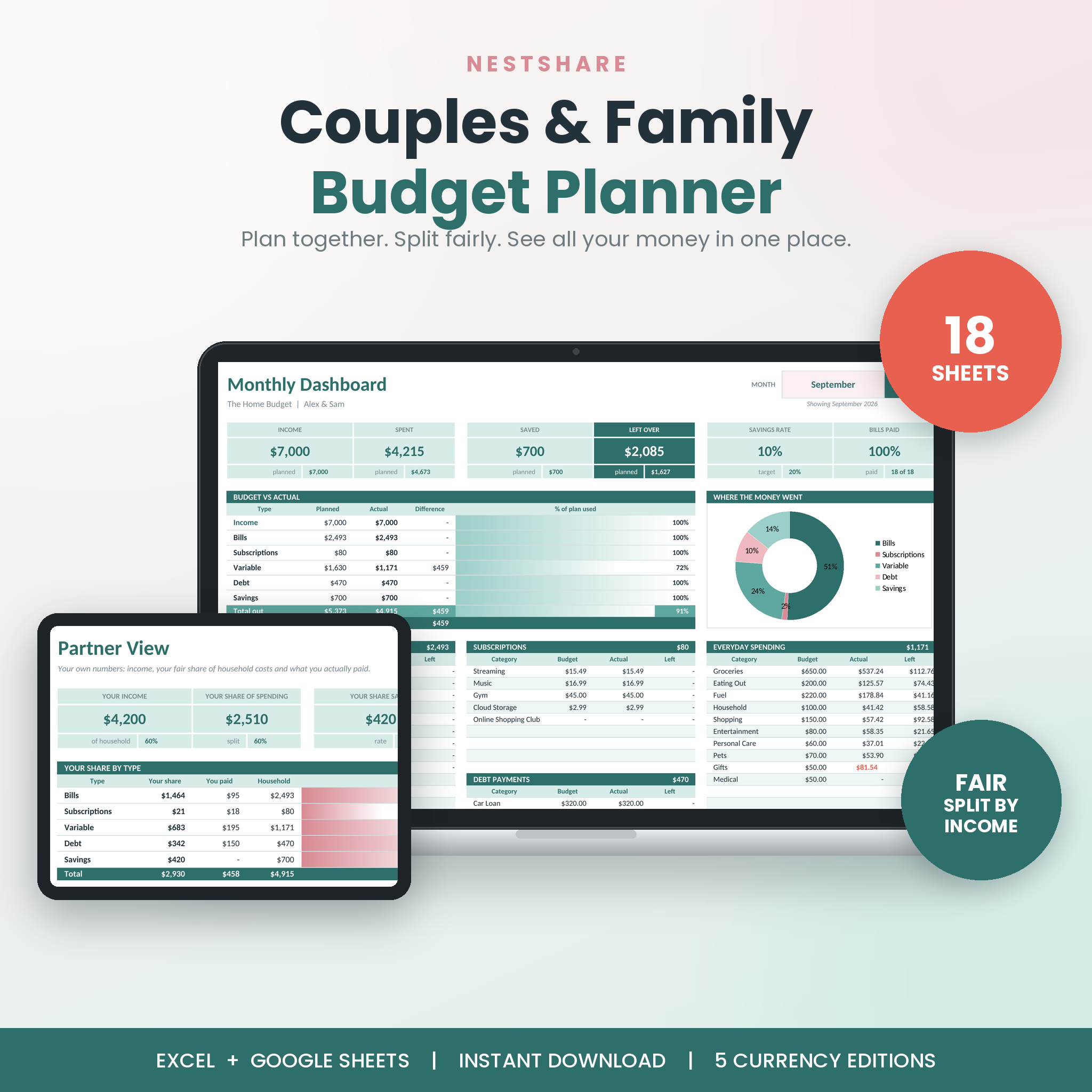 NestShare couples and family budget planner spreadsheet on laptop and tablet