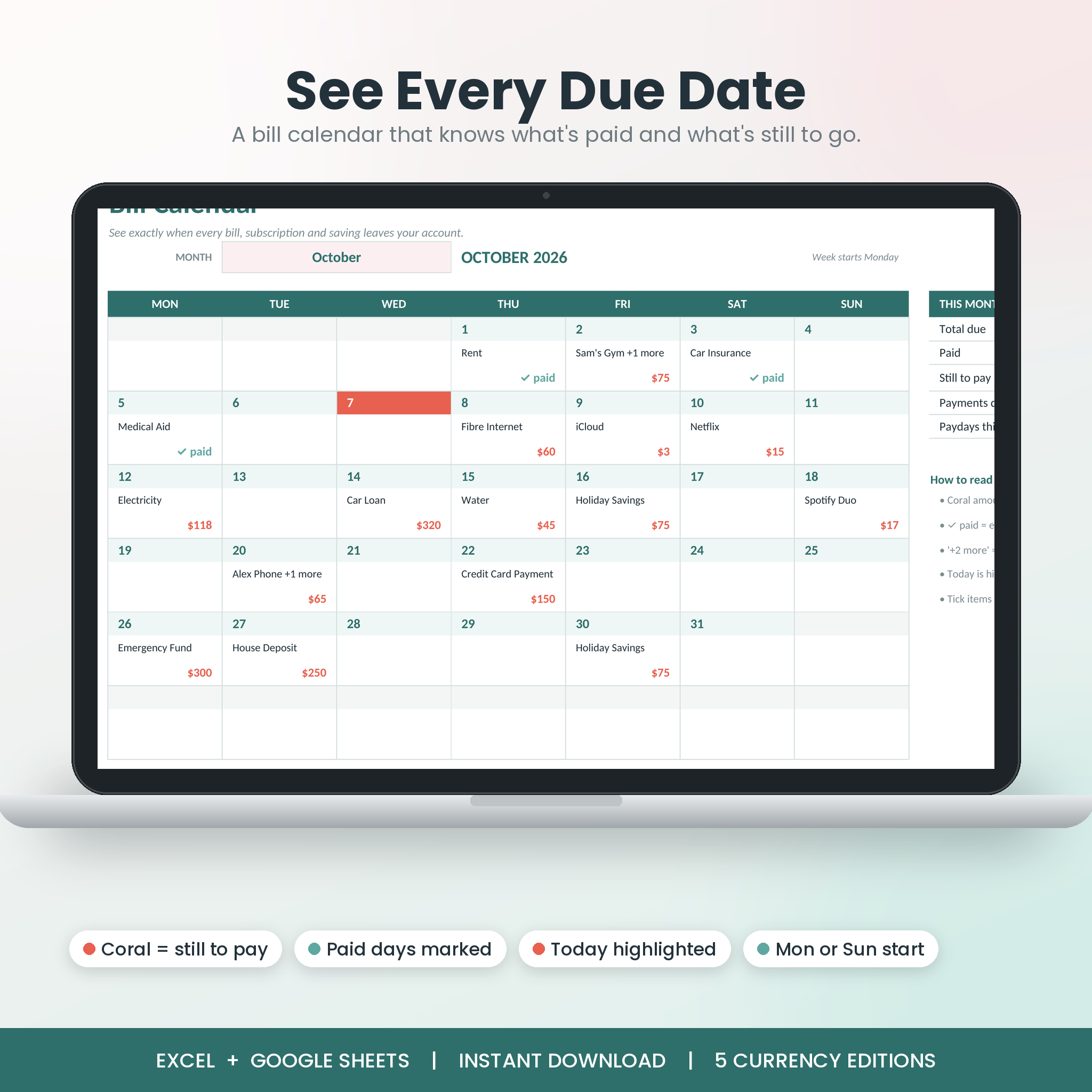 Bill calendar showing due dates and unpaid amounts