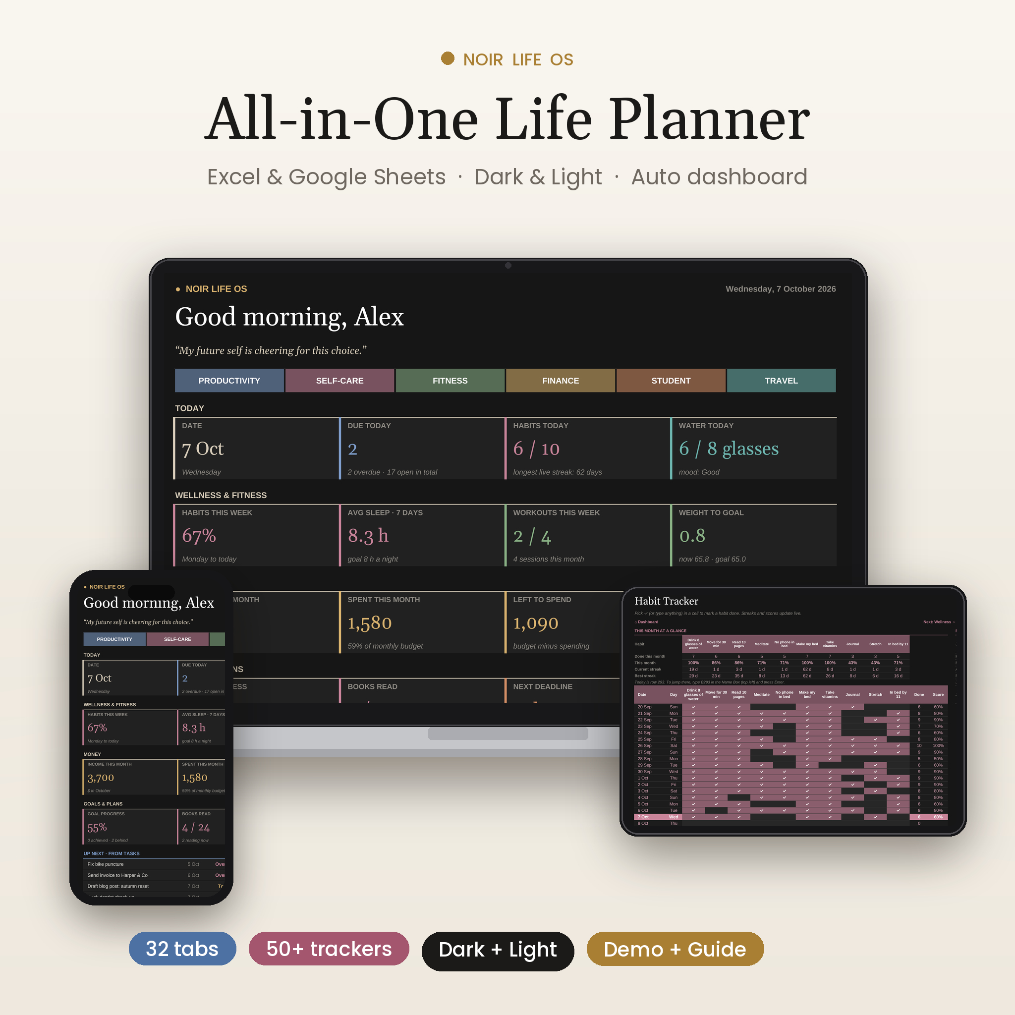 Noir Life OS all-in-one life planner spreadsheet for Excel and Google Sheets