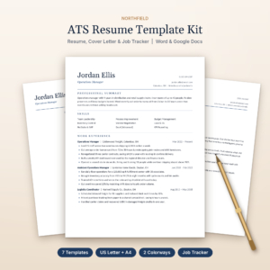 Northfield ATS resume template kit with resume, cover letter and references in Navy
