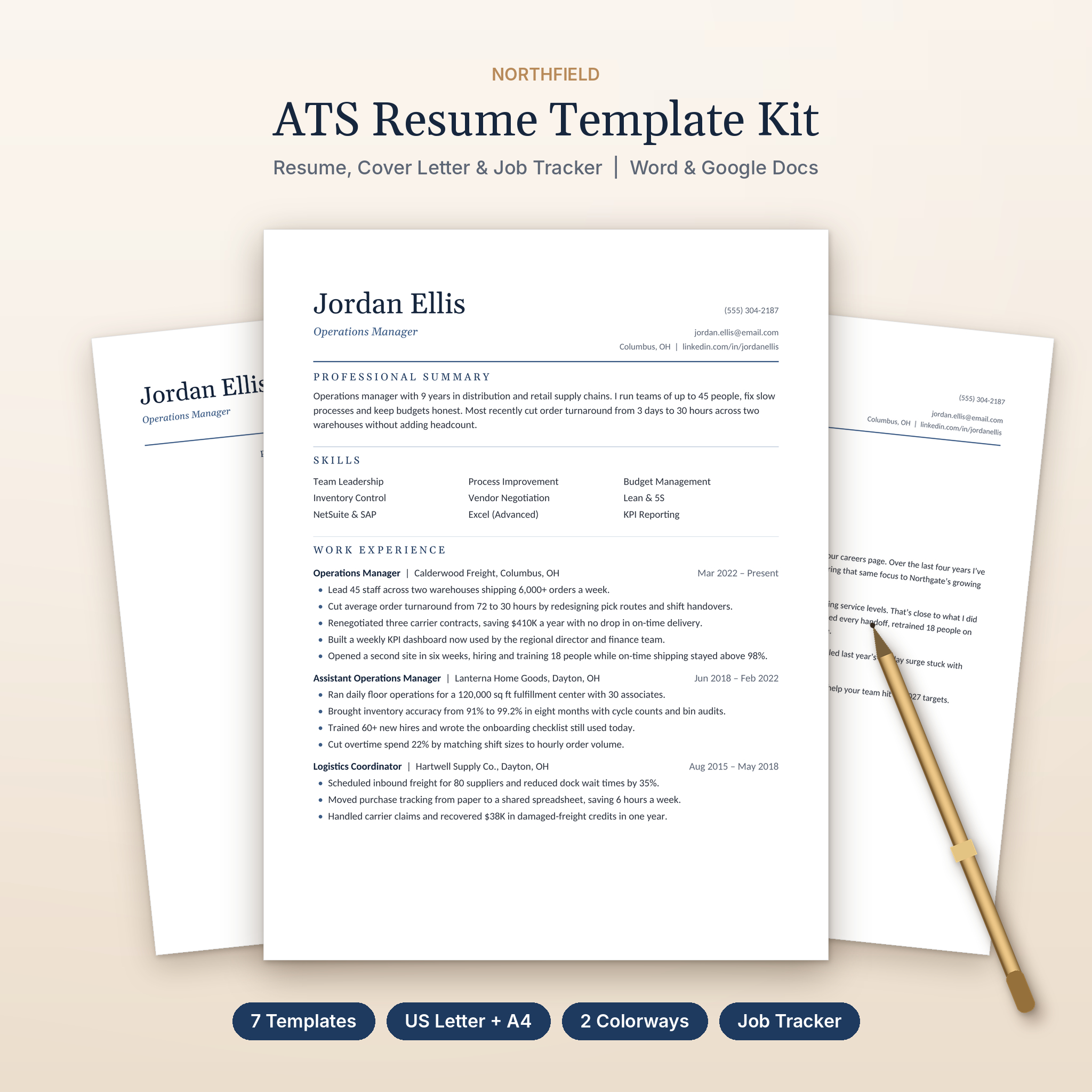 Northfield ATS resume template kit with resume, cover letter and references in Navy