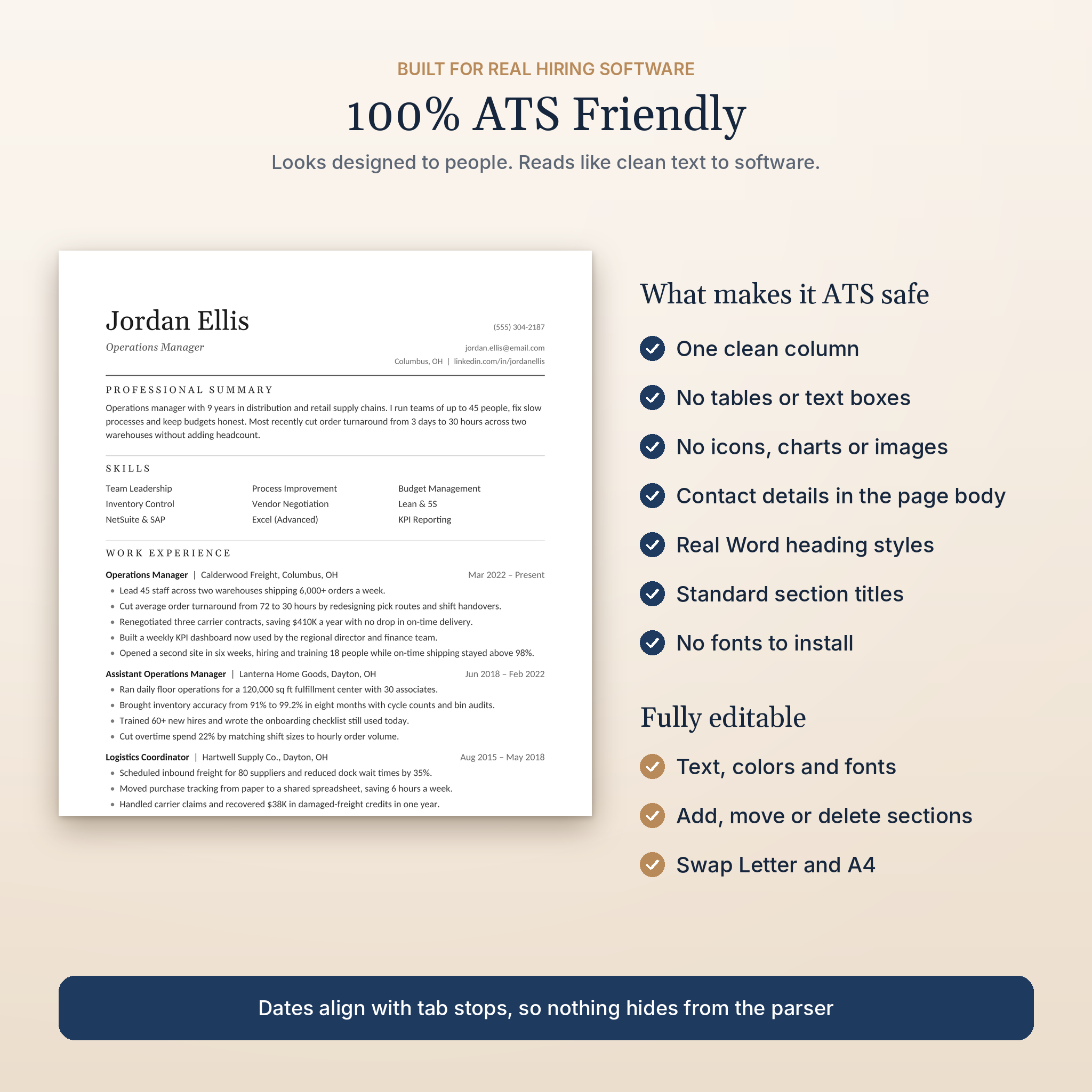 ATS friendly resume features: one column, no tables, real Word heading styles