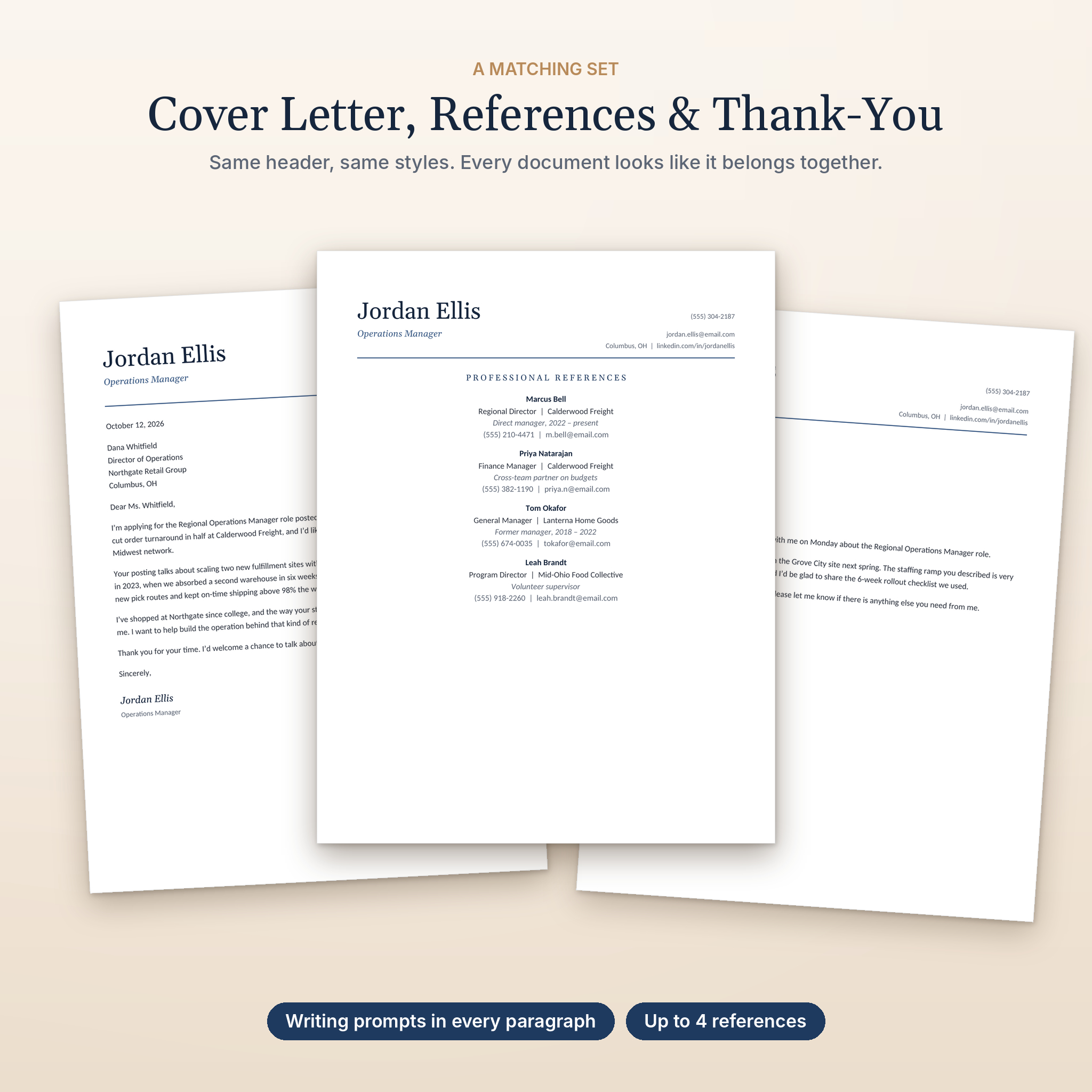 Matching cover letter, references page and thank-you letter templates
