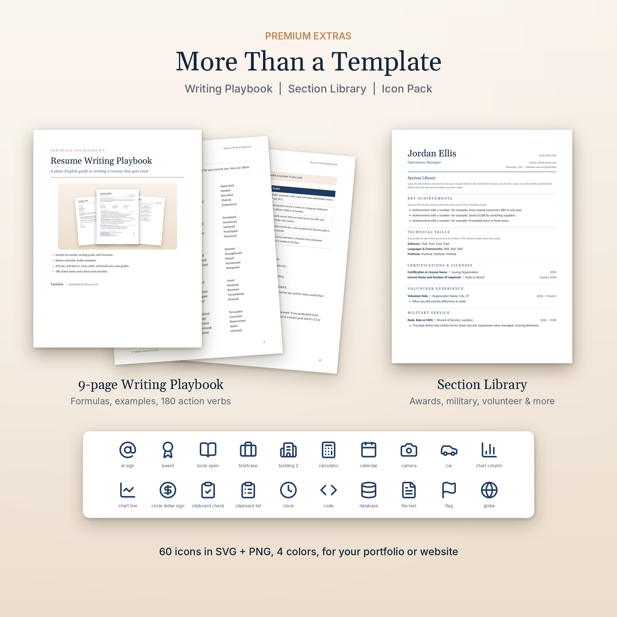 Bonus resume writing playbook, section library and 60-icon pack