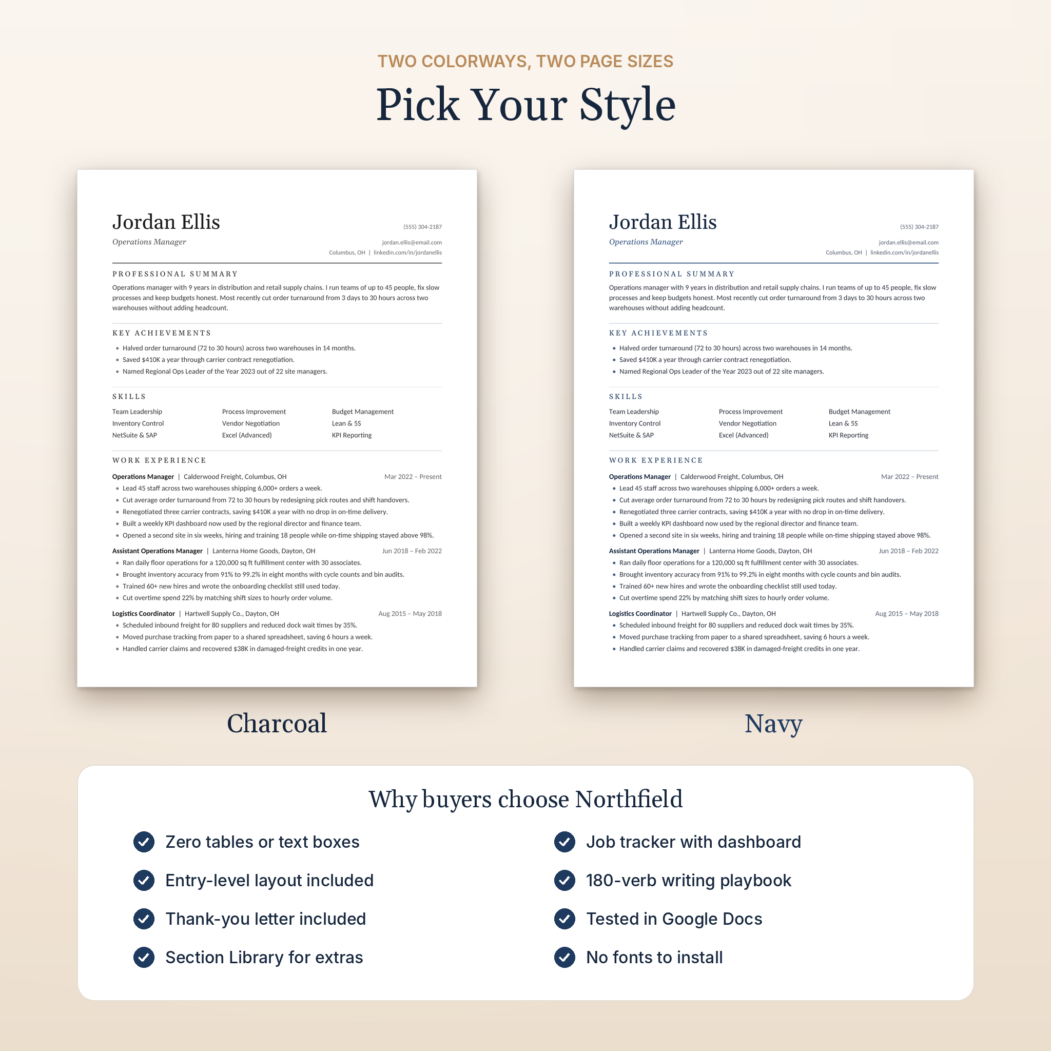 Resume template in Charcoal and Navy colorways with buyer benefits