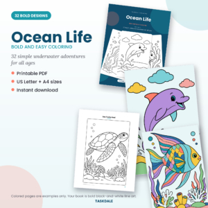 Ocean Life printable coloring book with 32 bold and easy sea animal designs
