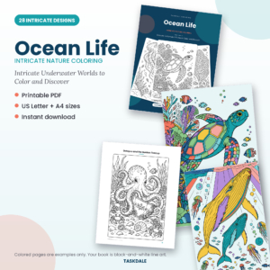 Ocean Life printable intricate coloring book with 28 detailed designs