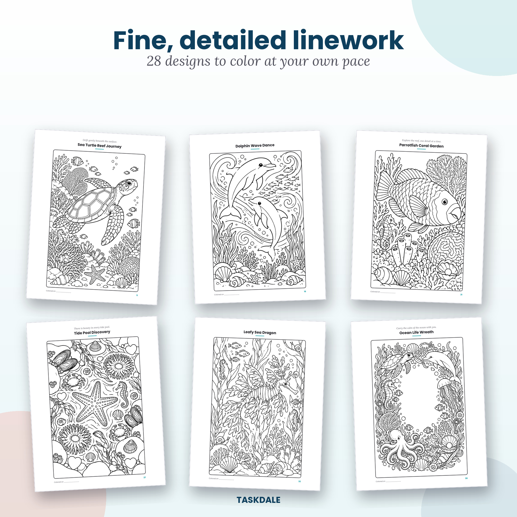 Ocean Life printable intricate coloring book with 28 detailed designs