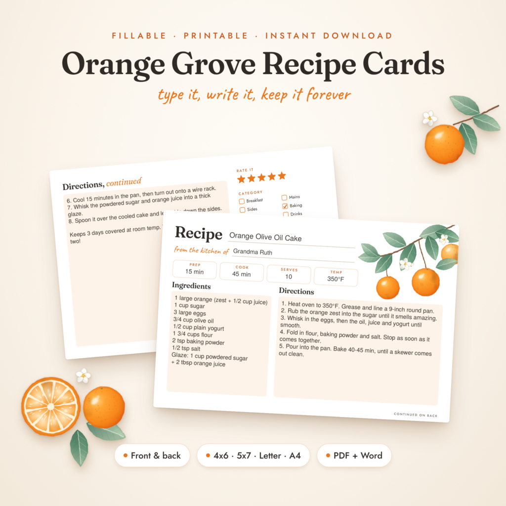 Orange Grove recipe card kit, fillable orange recipe card front and back