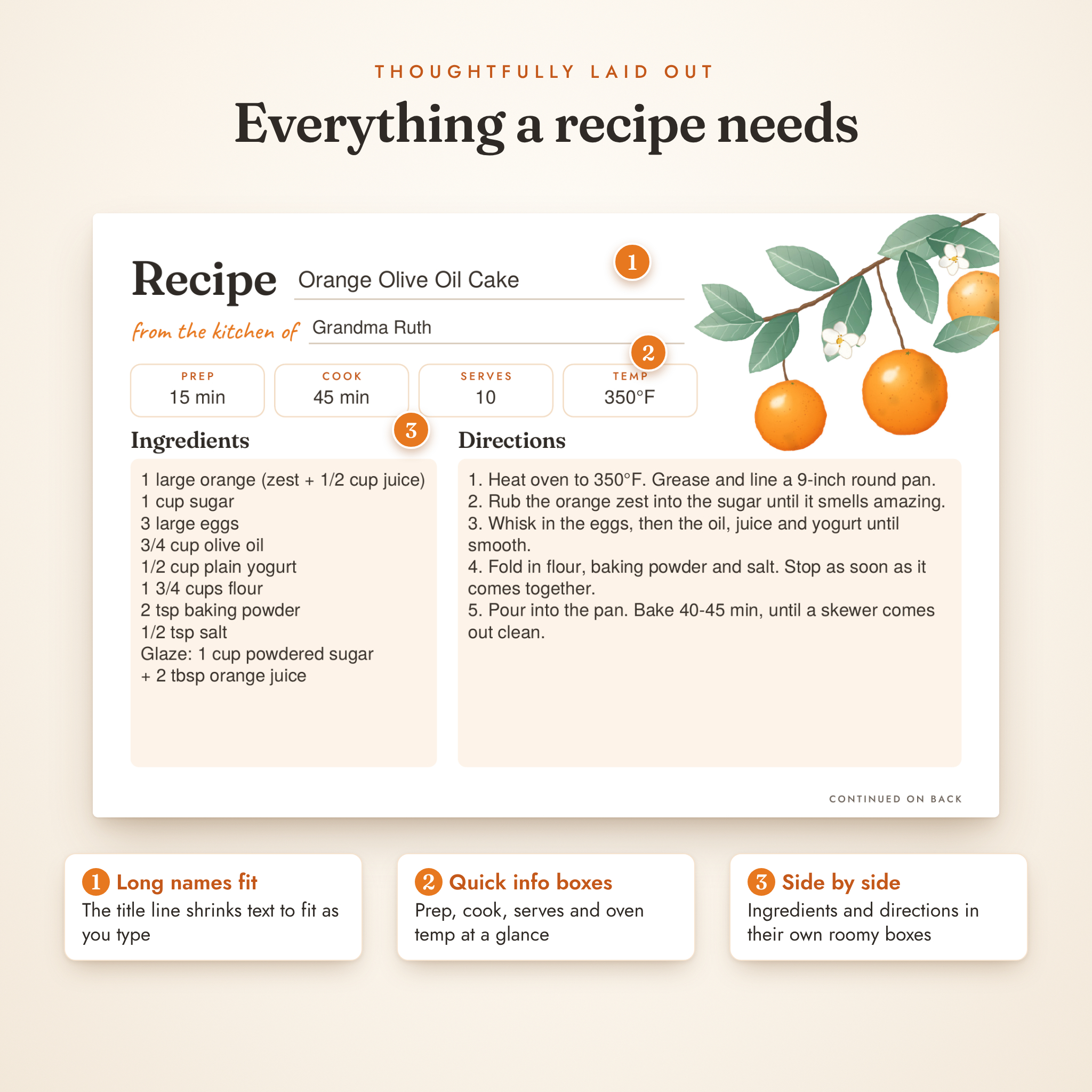 Editable recipe card with prep, cook, serves and temp boxes