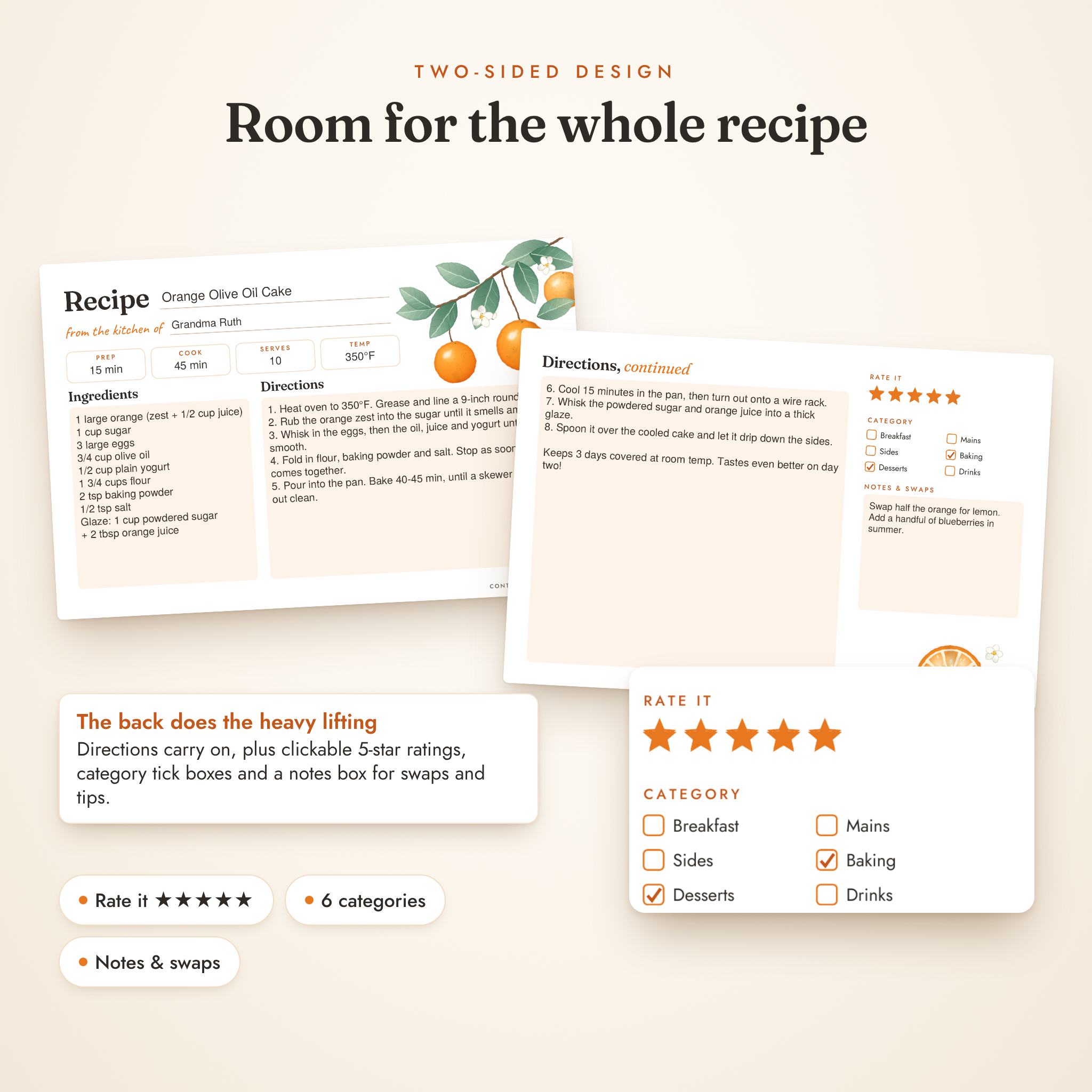 Back of recipe card with star rating, categories and notes