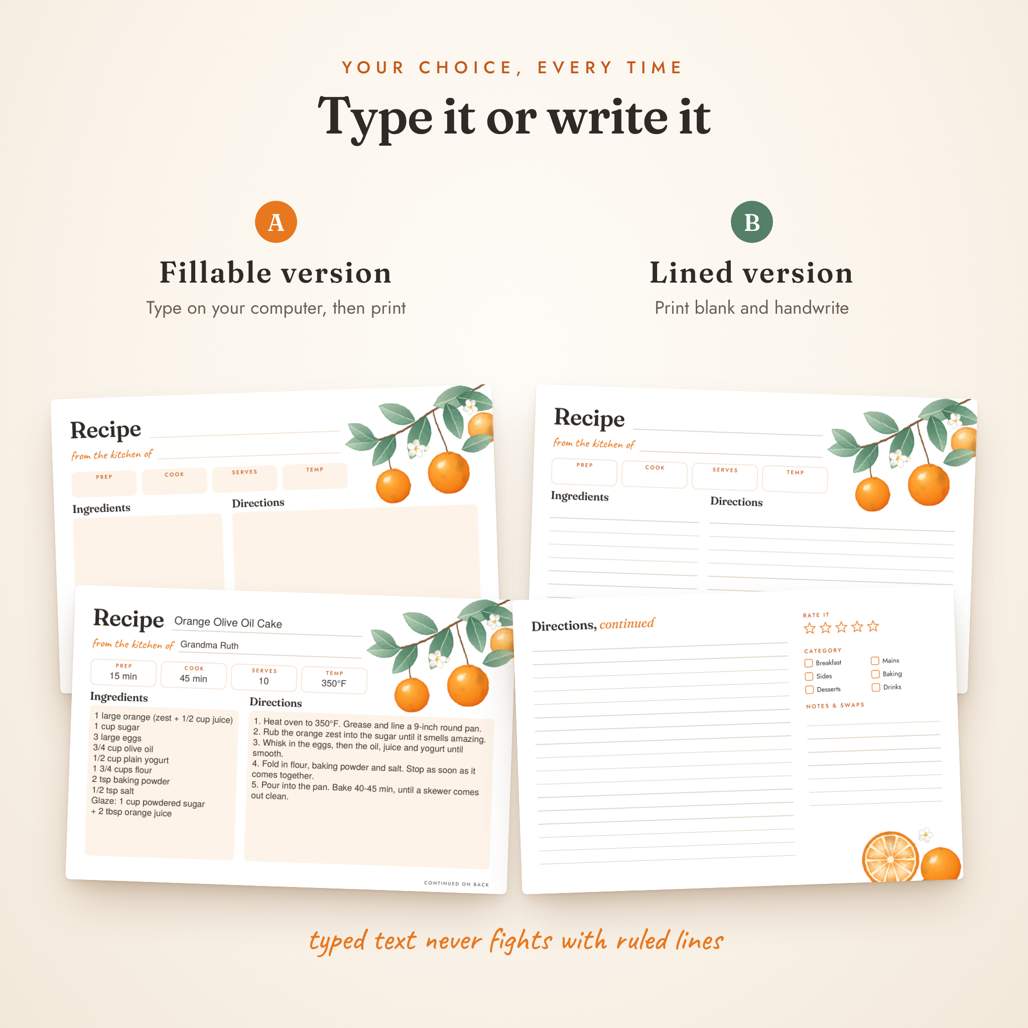 Fillable and lined printable recipe card versions