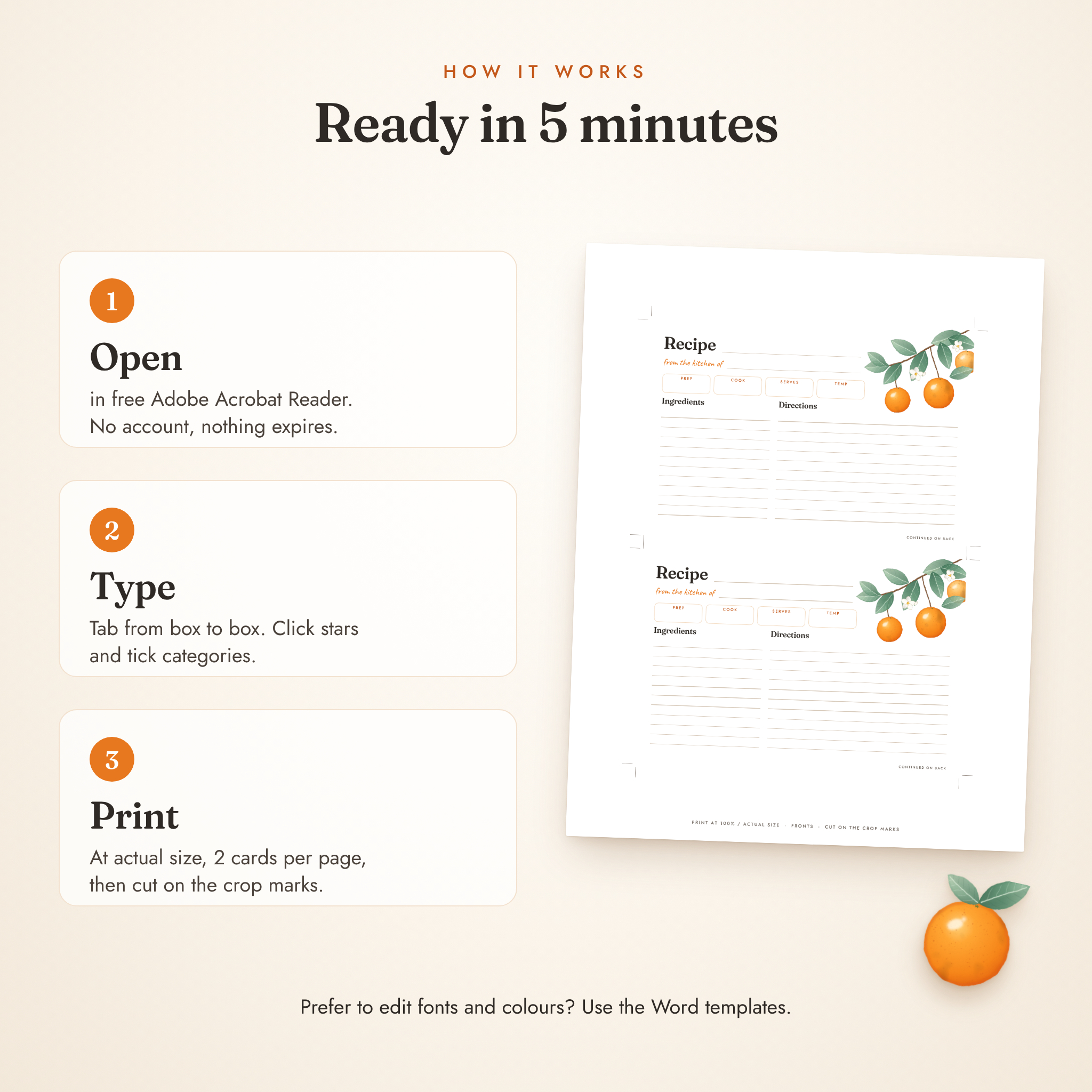 How to fill and print the recipe cards 2 per page