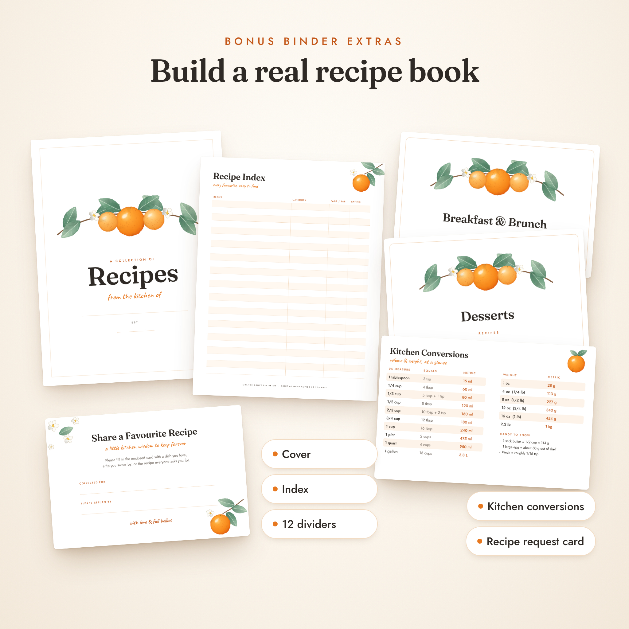 Recipe binder cover, index, dividers and kitchen conversion card