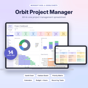 Orbit Project Manager spreadsheet dashboard and Kanban board on a laptop and tablet