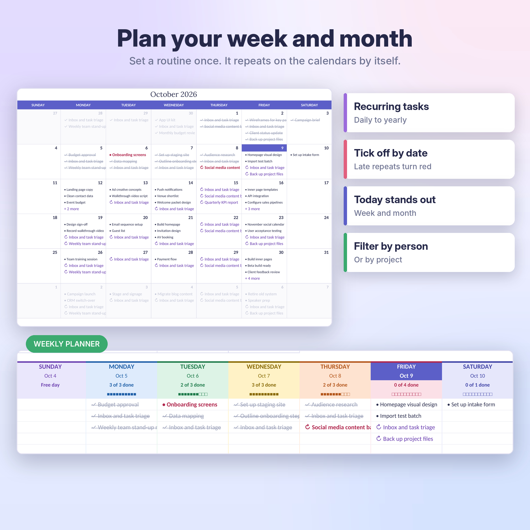Monthly calendar and weekly planner showing tasks and recurring routines
