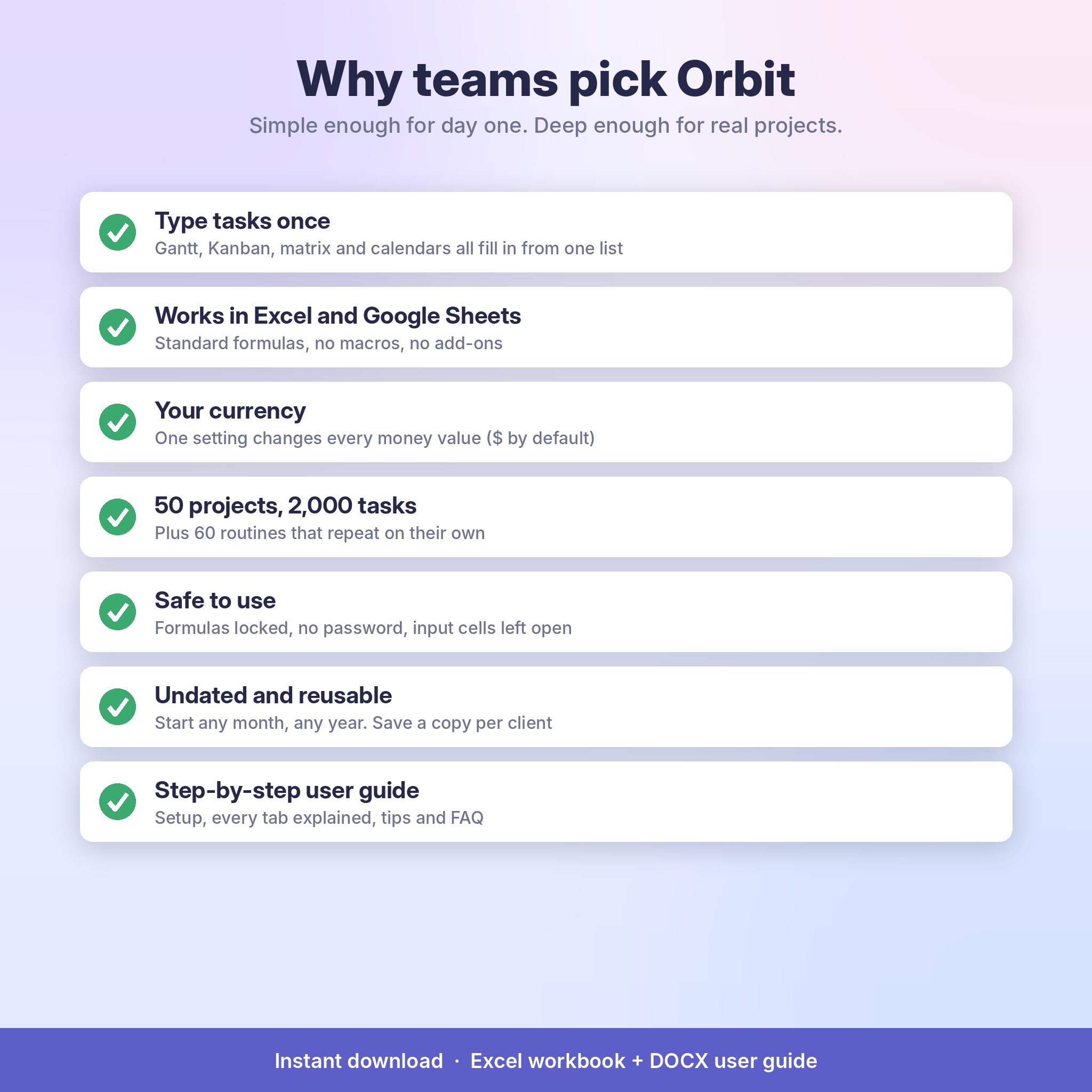 Benefits of the Orbit project management template for Excel and Google Sheets