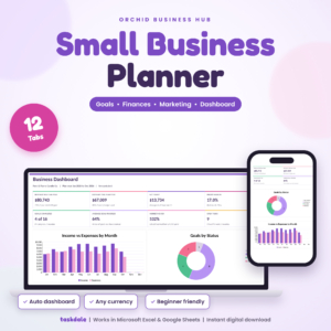 Small business planner spreadsheet dashboard on laptop and phone