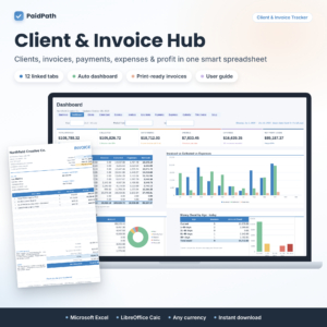 PaidPath Client & Invoice Hub Excel client tracker and invoice tracker dashboard with printable invoice