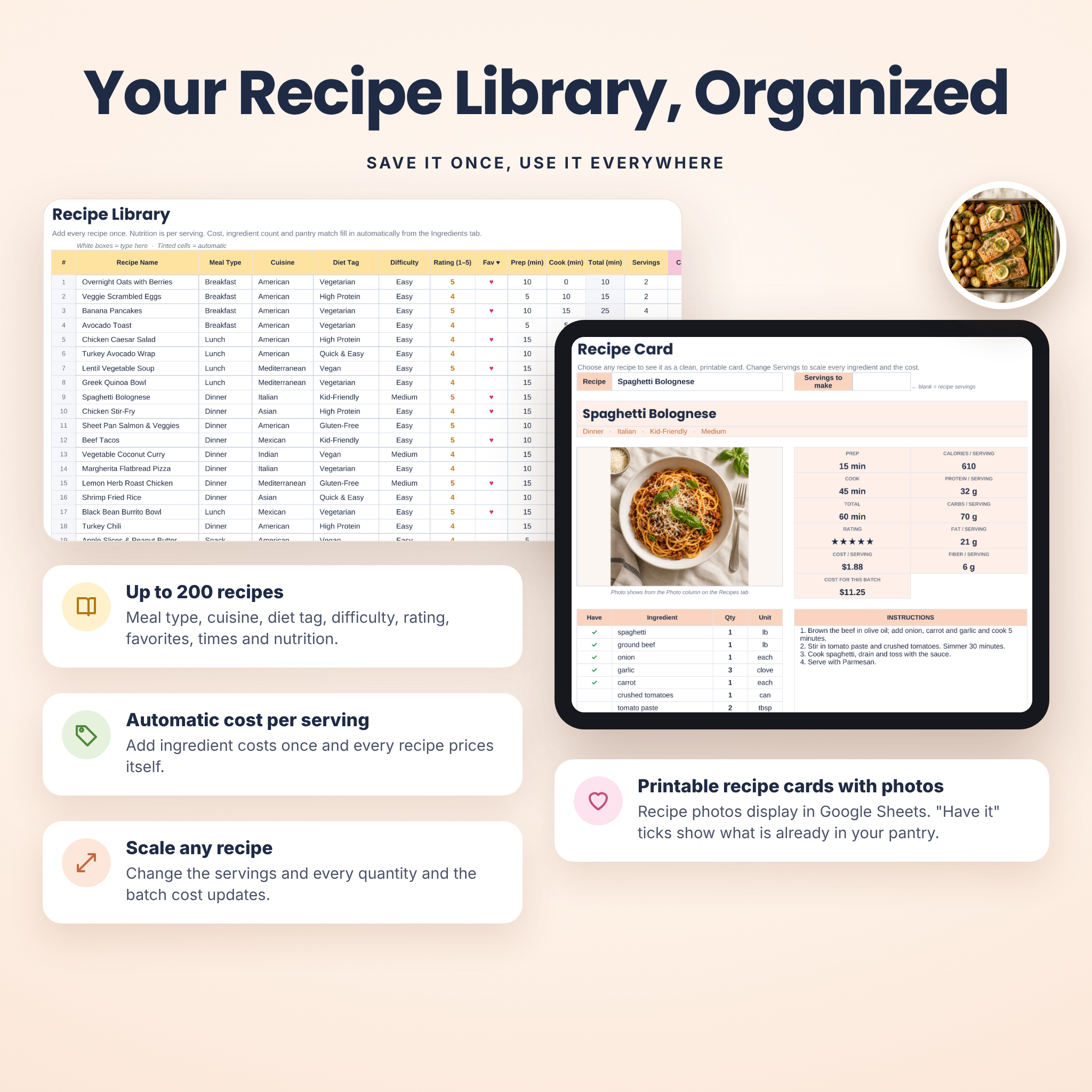 Recipe library spreadsheet and printable recipe card with photo and scaling