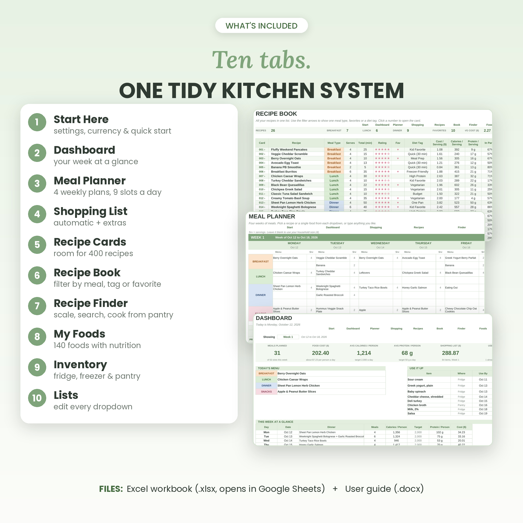 What's included: 10 tabs including meal planner, shopping list, recipe cards, recipe book, recipe finder, food database and inventory