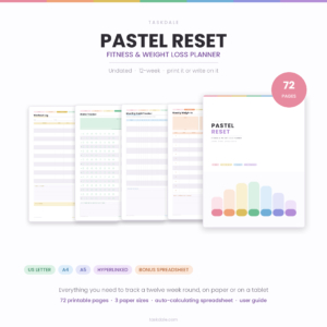 Pastel Reset printable weight loss planner, 72 undated pages in three paper sizes