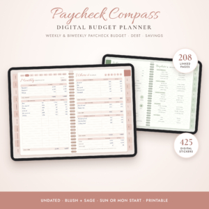 Paycheck Compass digital budget planner on iPad showing monthly budget and index pages