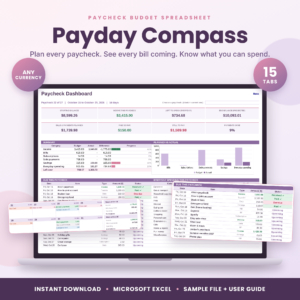 Payday Compass Paycheck Budget Spreadsheet | Biweekly Budget Planner for Excel, Bill Calendar, Debt Payoff & Savings Tracker