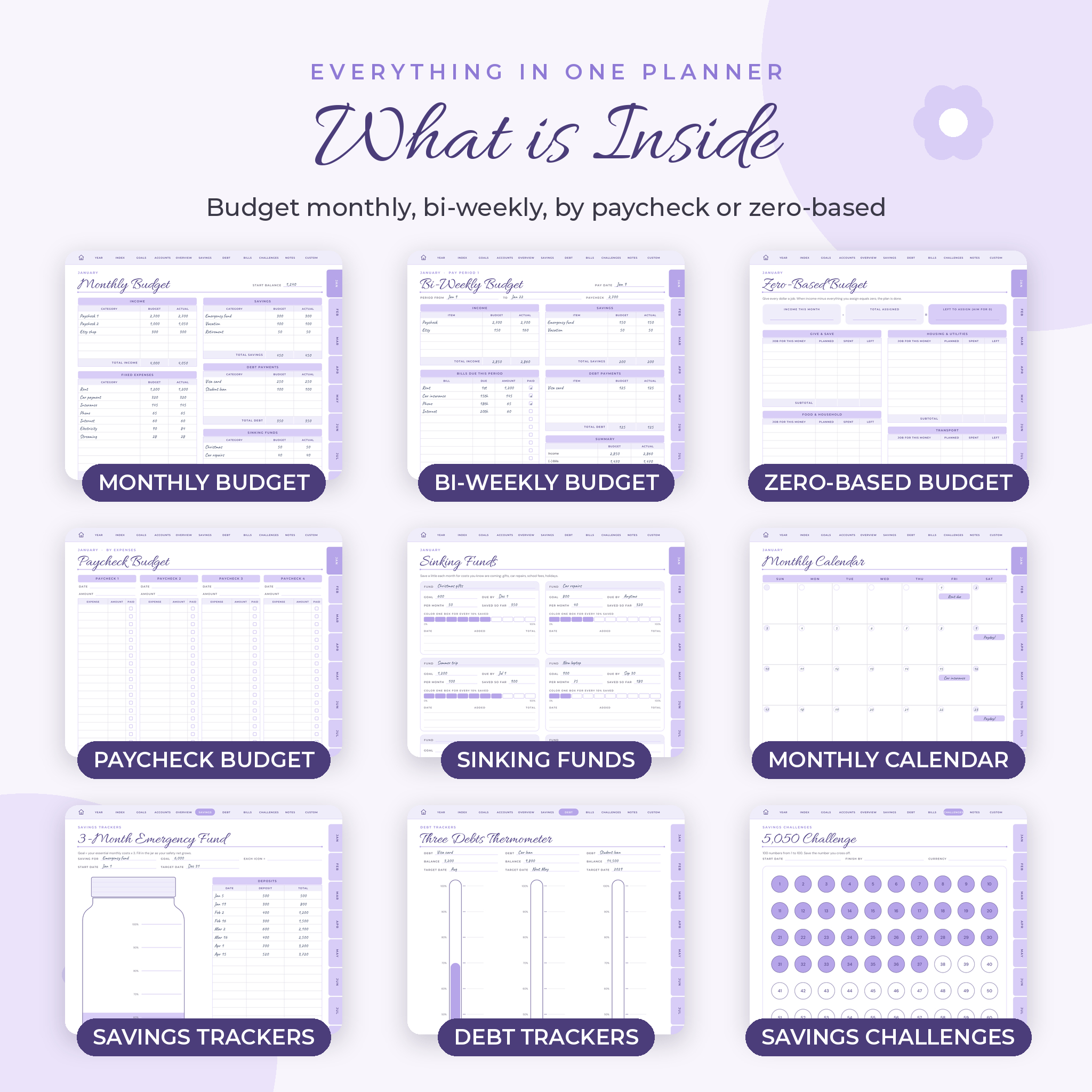 Pages inside the digital budget planner: monthly, bi-weekly, zero-based and paycheck budgets